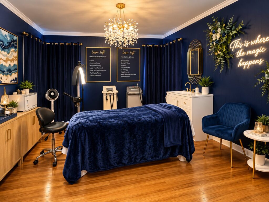 The navy treatment room at Laser Loft Denton