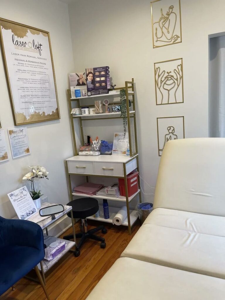 Retail shelving and treatment bed in a Denver room