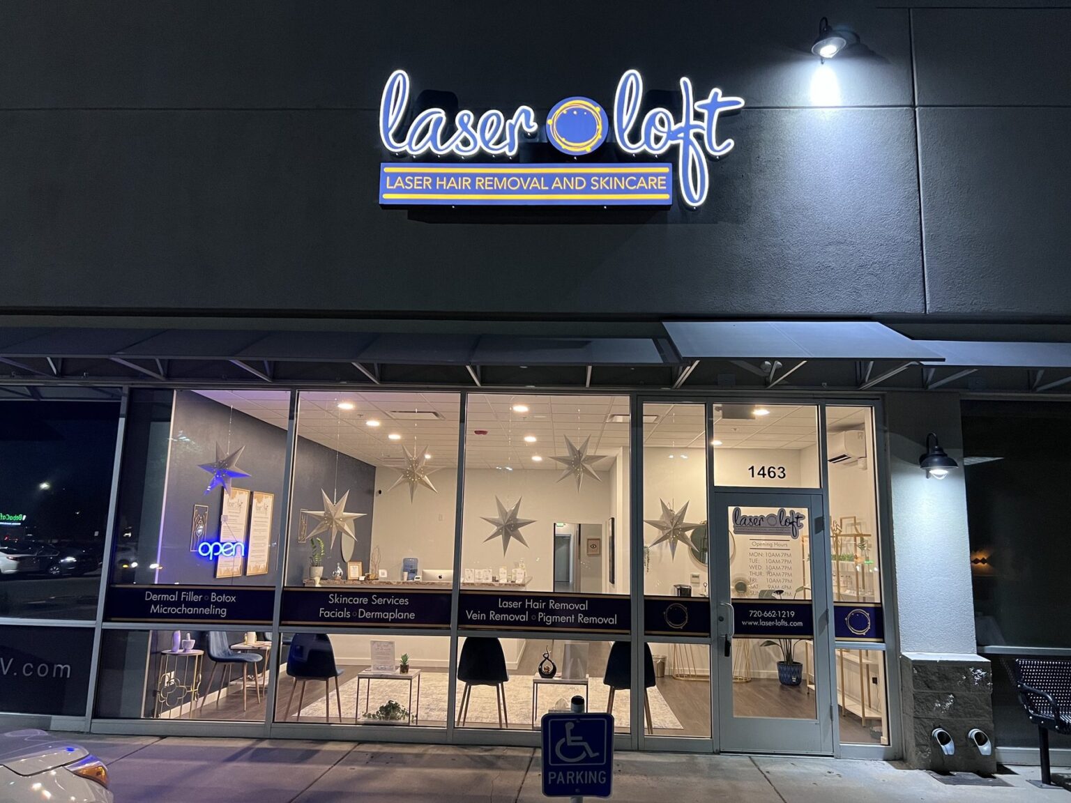 The Loveland clinic on E Eisenhower with the Laser Loft sign lit